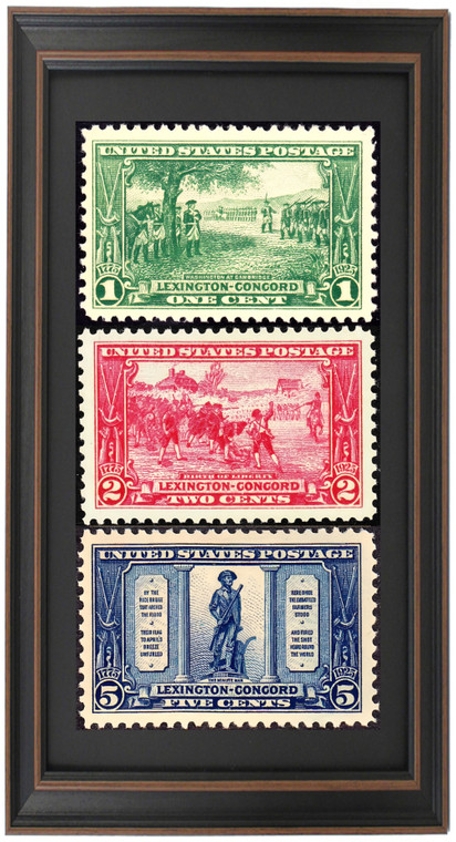 Framed Lexington Concord 1c, 2c, & 5c US Stamp Series, Circa 1925