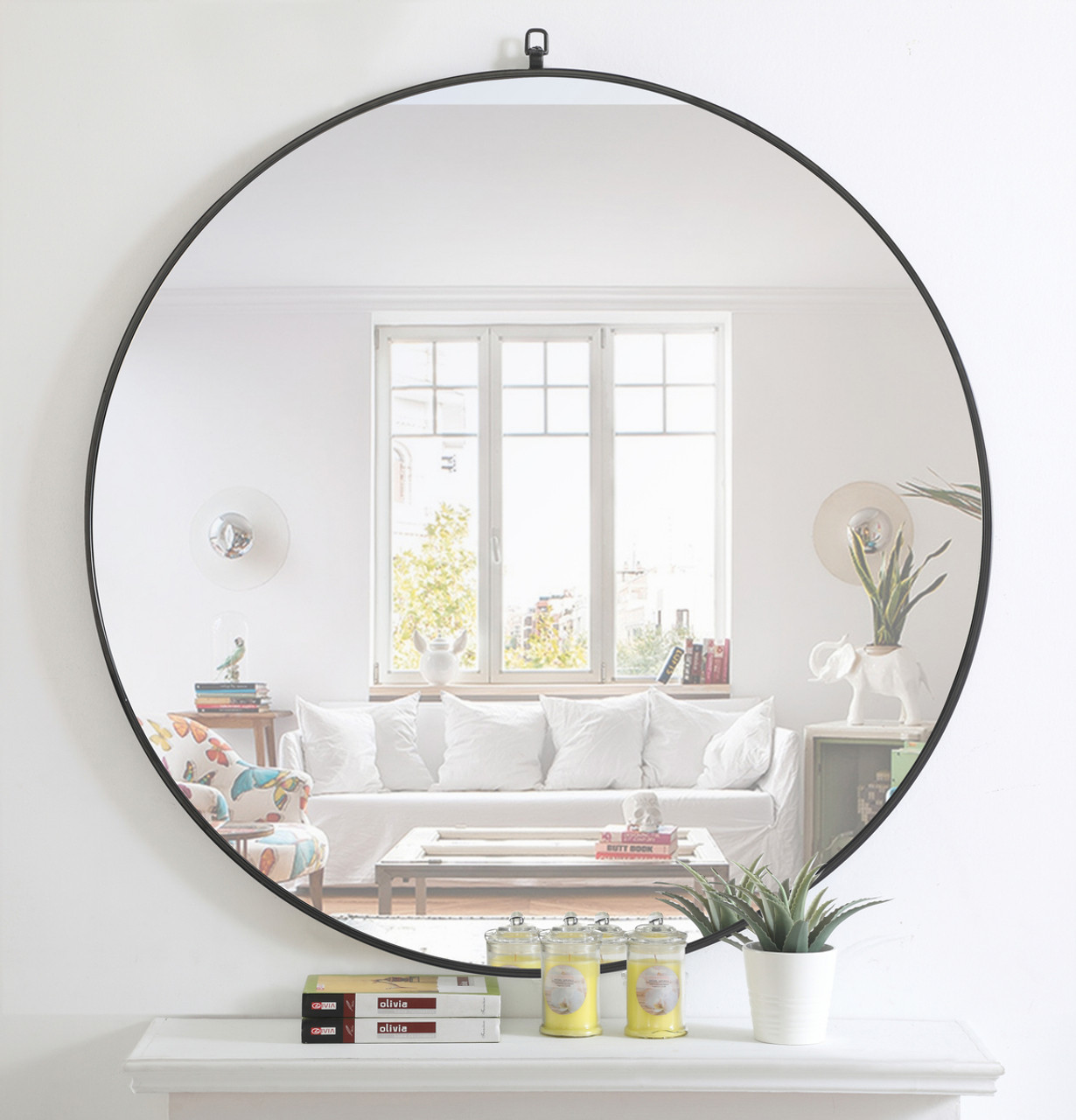 ELEGANT DECOR MR4067BK Metal frame Round Mirror with decorative hook 48 inch Black finish