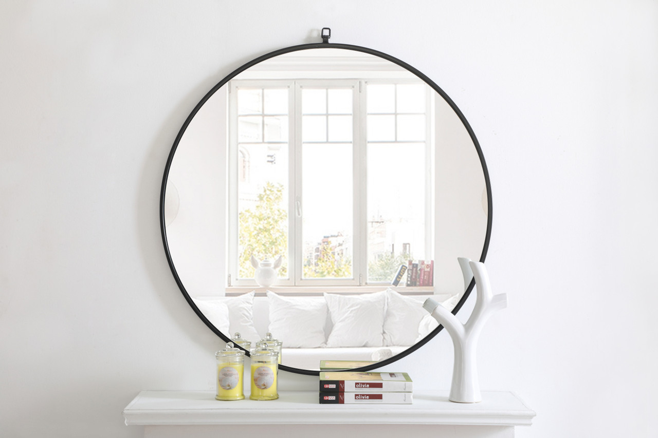 ELEGANT DECOR MR4061BK Metal frame Round Mirror with decorative hook 36 inch Black finish