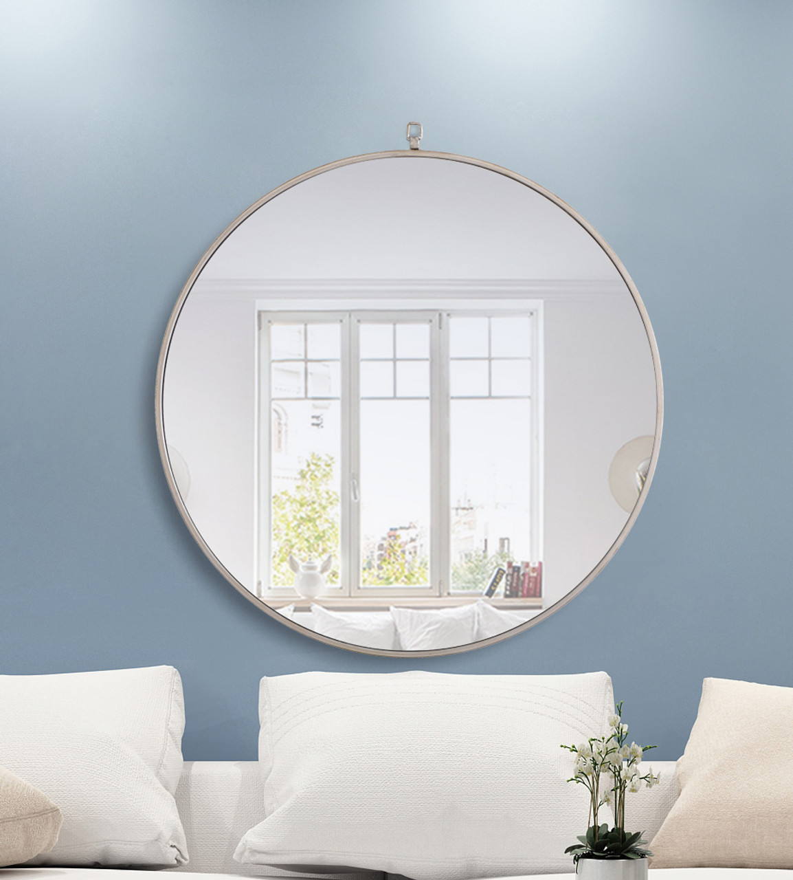 ELEGANT DECOR MR4059S Metal frame Round Mirror with decorative hook 32 inch Silver finish