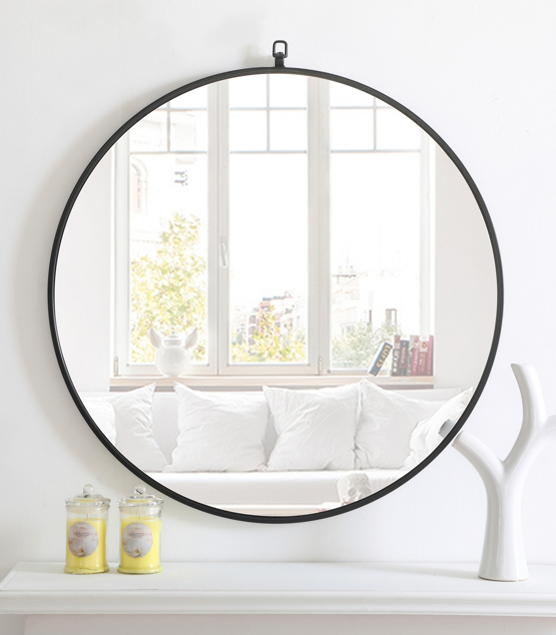 ELEGANT DECOR MR4057BK Metal frame Round Mirror with decorative hook 32 inch Black finish