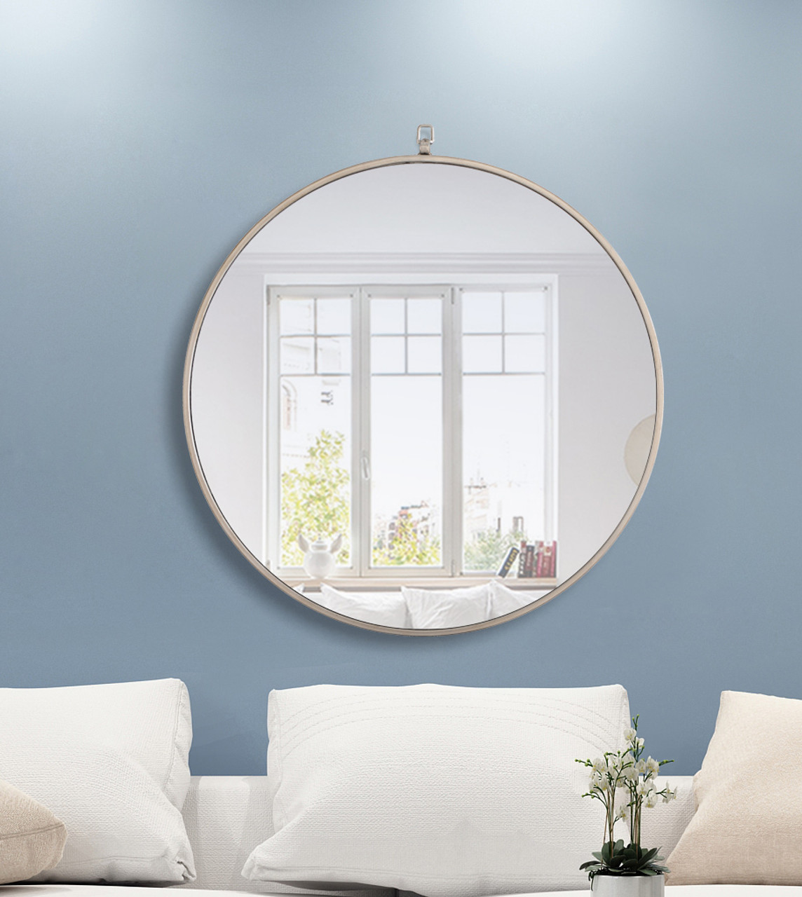 ELEGANT DECOR MR4056S Metal frame Round Mirror with decorative hook 28 inch Silver finish