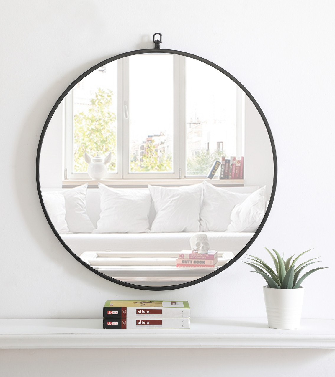 ELEGANT DECOR MR4054BK Metal frame Round Mirror with decorative hook 28 inch Black finish