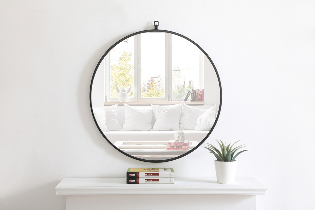 ELEGANT DECOR MR4054BK Metal frame Round Mirror with decorative hook 28 inch Black finish