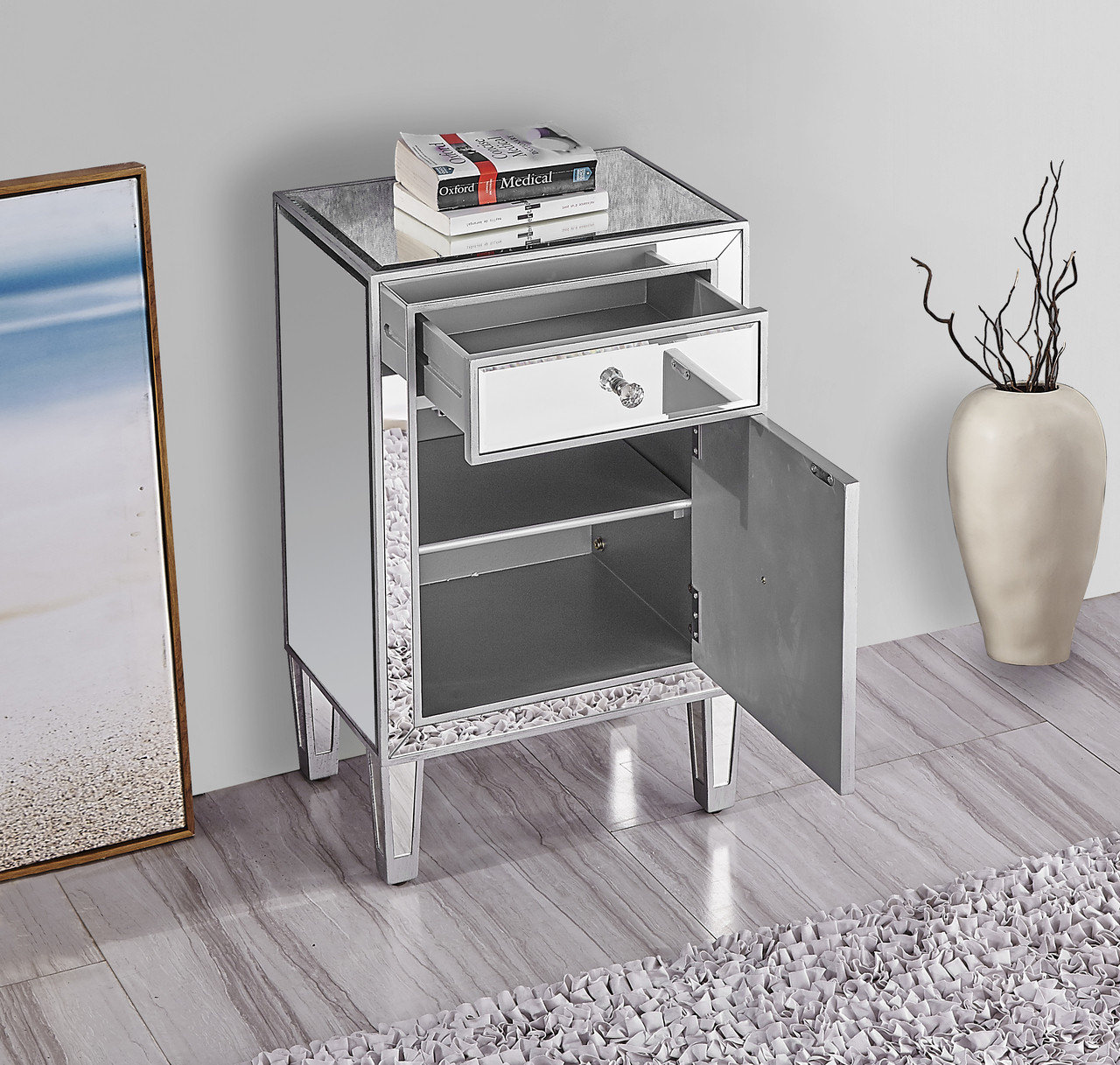 ELEGANT DECOR MF72035 Nighstand 1 drawer 18in. W x 13in. D x 29in. H in antique silver paint