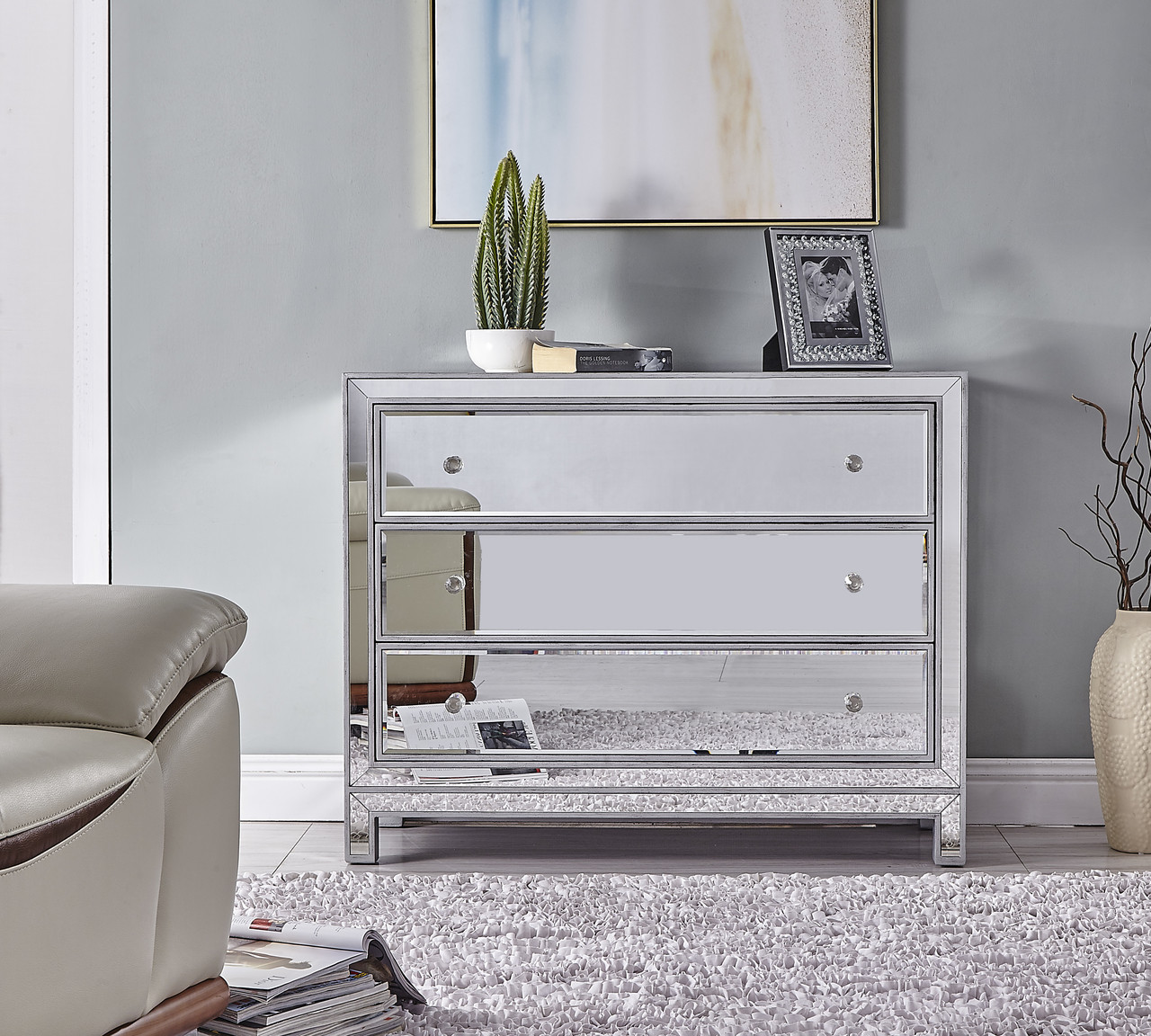 Elegant Decor MF72019 Chest 3 drawers 40in. W x 16in. D x 32in. H in antique silver paint