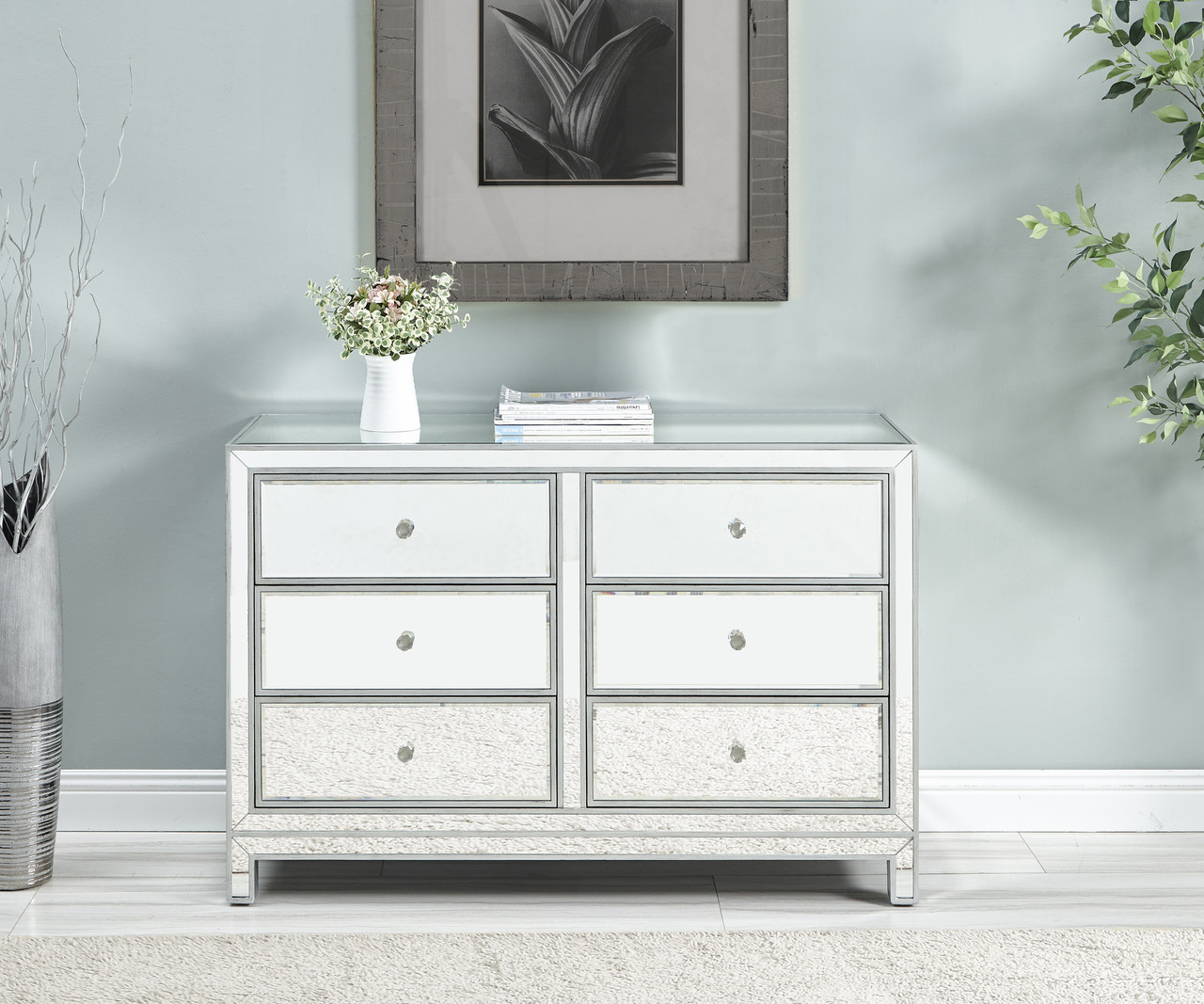 ELEGANT DECOR MF72017 Dresser 6 drawers 48in. W x 18in. Din. x 32in. H in antique silver paint ELEGANT DECOR MF72017 Dresser 6 drawers 48in. W x 18in. Din. x 32in. H in antique silver paint