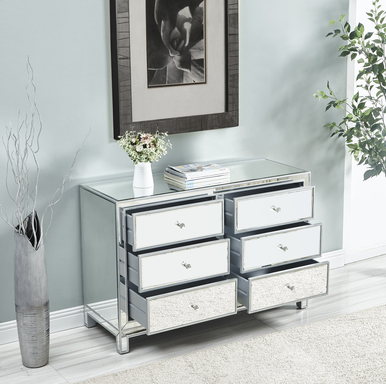 ELEGANT DECOR MF72017 Dresser 6 drawers 48in. W x 18in. Din. x 32in. H in antique silver paint ELEGANT DECOR MF72017 Dresser 6 drawers 48in. W x 18in. Din. x 32in. H in antique silver paint