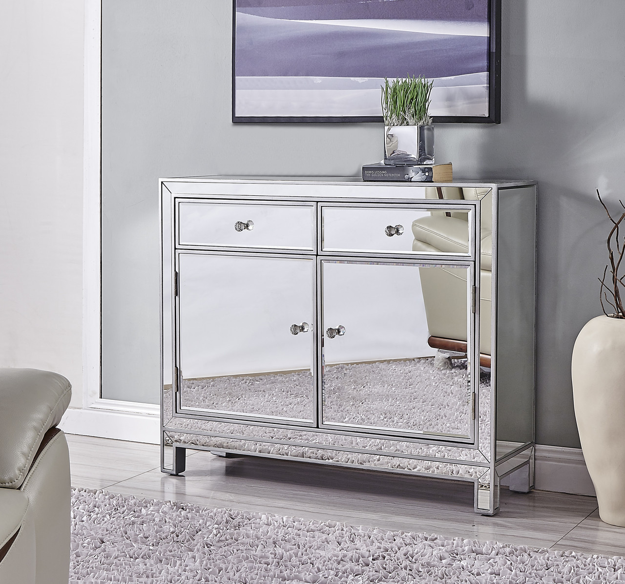 ELEGANT DECOR MF72002 Nightstand 2 drawers 2 doors 38in. W x 12in. D x 32in. H in antique silver paint