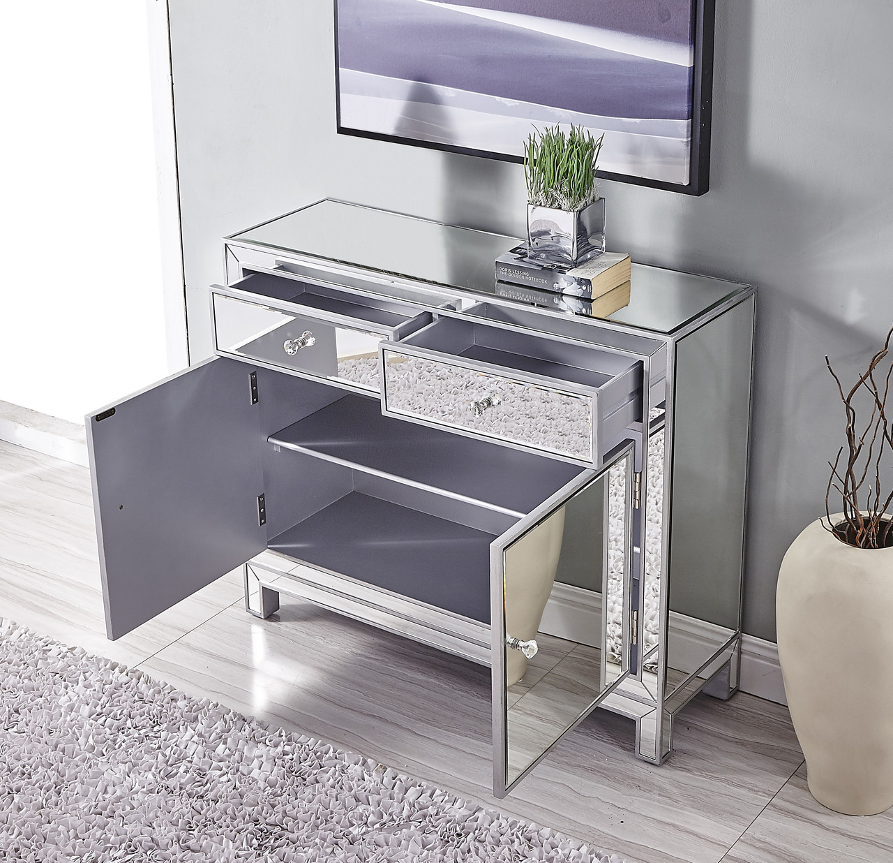 ELEGANT DECOR MF72002 Nightstand 2 drawers 2 doors 38in. W x 12in. D x 32in. H in antique silver paint