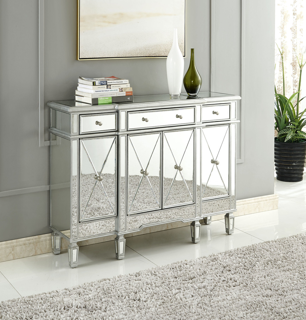 ELEGANT DECOR MF6-1111SC 3 Drawer 4 Door Cabinet 48 .In. X 14 In. X 36 In. In Silver Clear