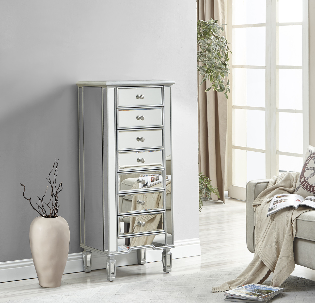 ELEGANT DECOR MF6-1047S Lingerie Chest 7 drawers 20in. W x 15in. D x 48in. H in antique silver paint ELEGANT DECOR MF6-1047S Lingerie Chest 7 drawers 20in. W x 15in. D x 48in. H in antique silver paint