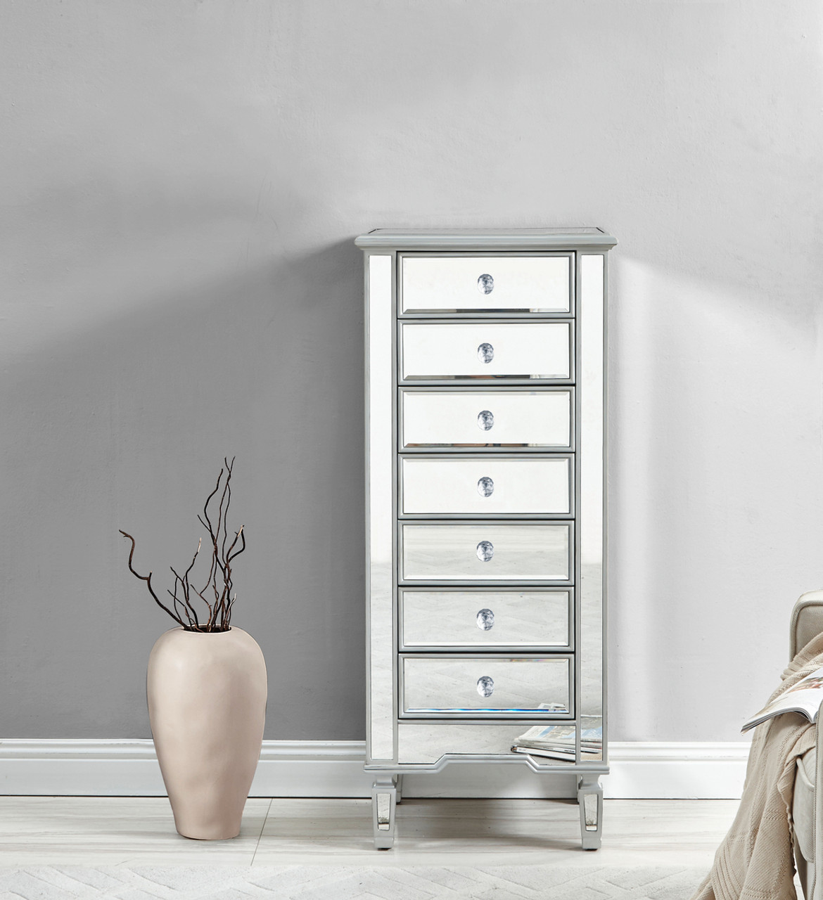 ELEGANT DECOR MF6-1047S Lingerie Chest 7 drawers 20in. W x 15in. D x 48in. H in antique silver paint ELEGANT DECOR MF6-1047S Lingerie Chest 7 drawers 20in. W x 15in. D x 48in. H in antique silver paint