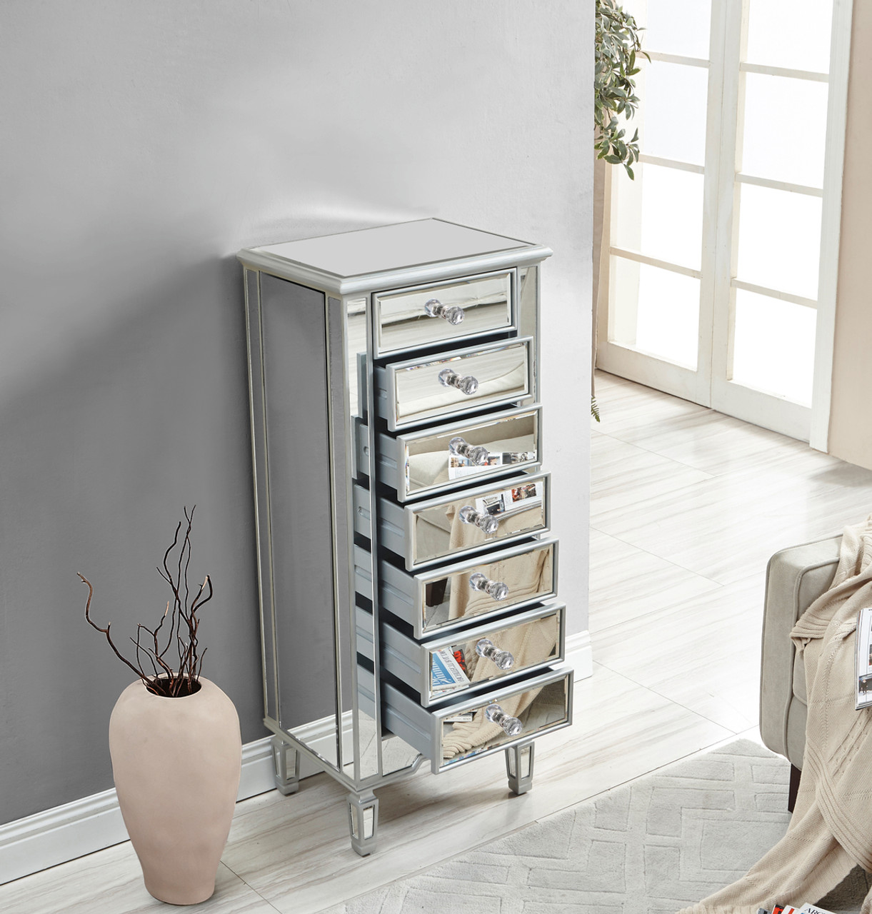 ELEGANT DECOR MF6-1047S Lingerie Chest 7 drawers 20in. W x 15in. D x 48in. H in antique silver paint ELEGANT DECOR MF6-1047S Lingerie Chest 7 drawers 20in. W x 15in. D x 48in. H in antique silver paint