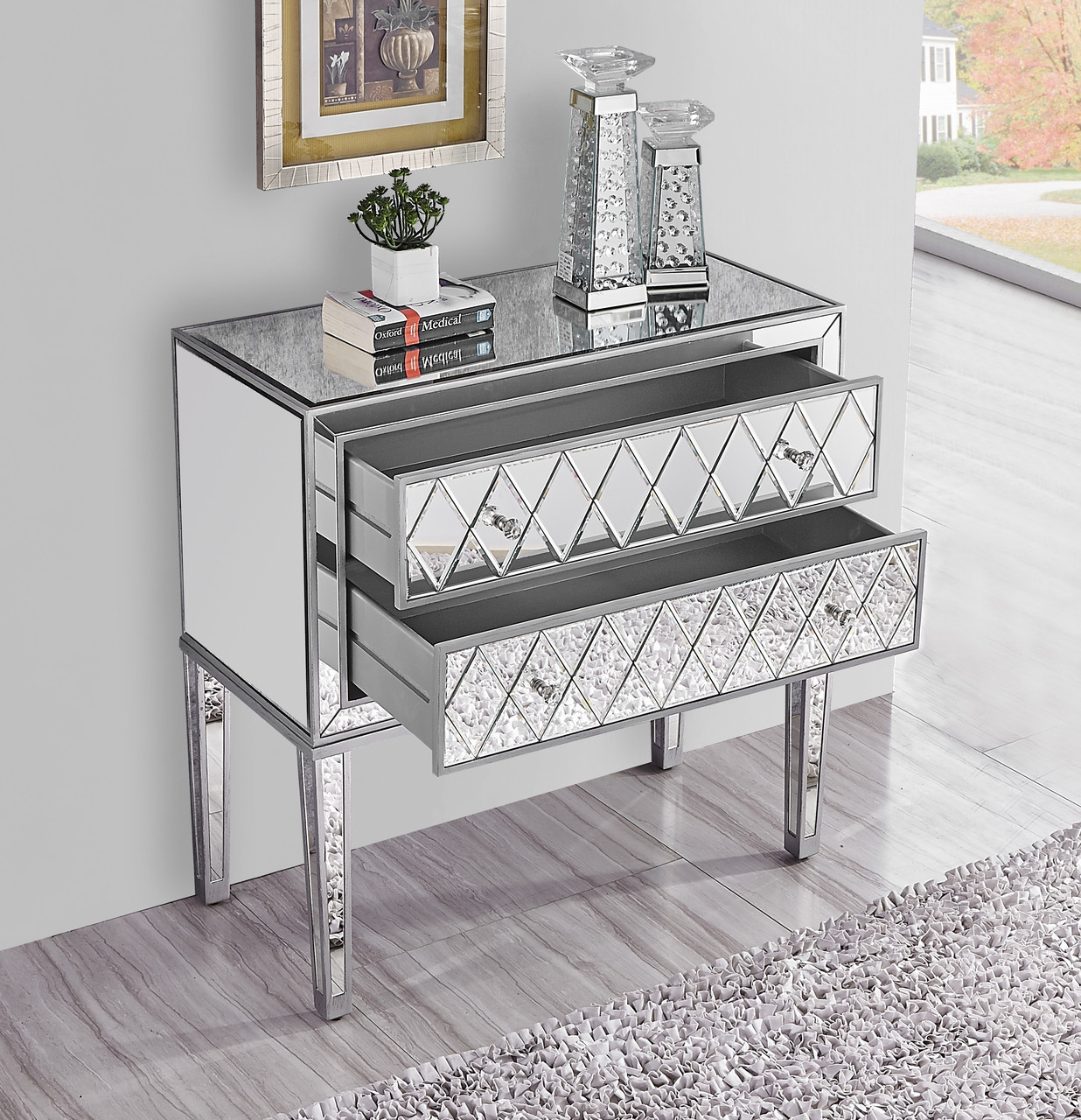 Elegant Decor MF72045 Nightstand 2 drawers 34in. W x 16in. D x 34in. H in antique silver paint