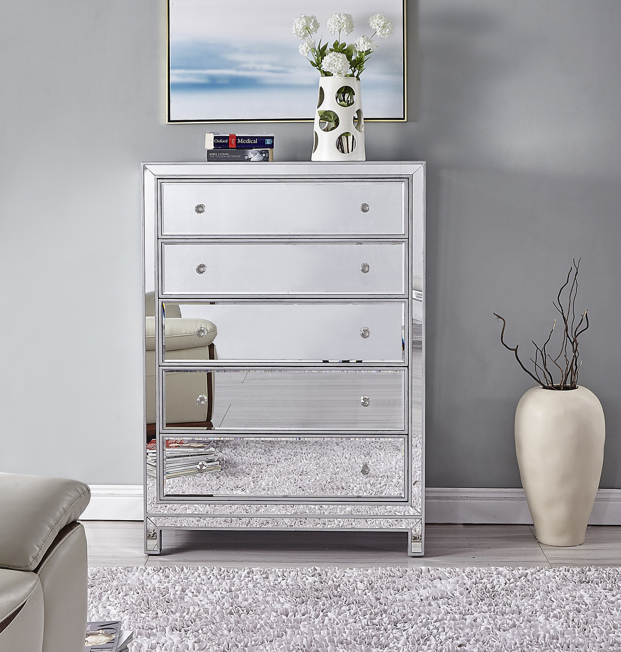 Elegant Decor MF72026 Chest 5 drawers 34in. W x 16in. D x 48in. H in antique silver paint