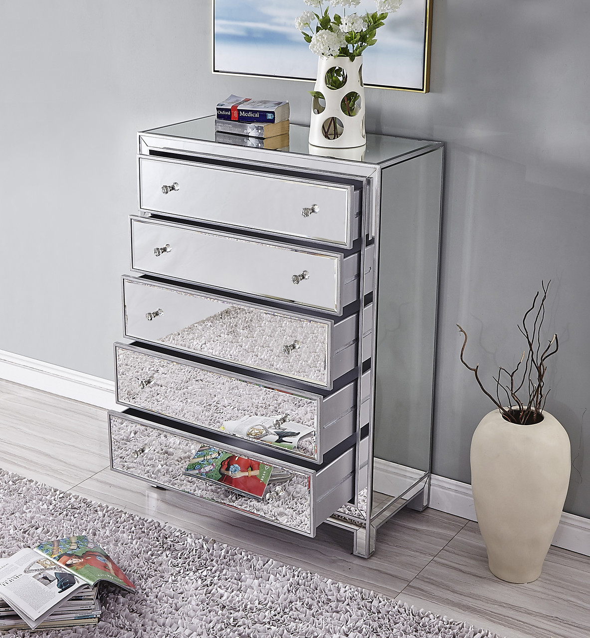Elegant Decor MF72026 Chest 5 drawers 34in. W x 16in. D x 48in. H in antique silver paint