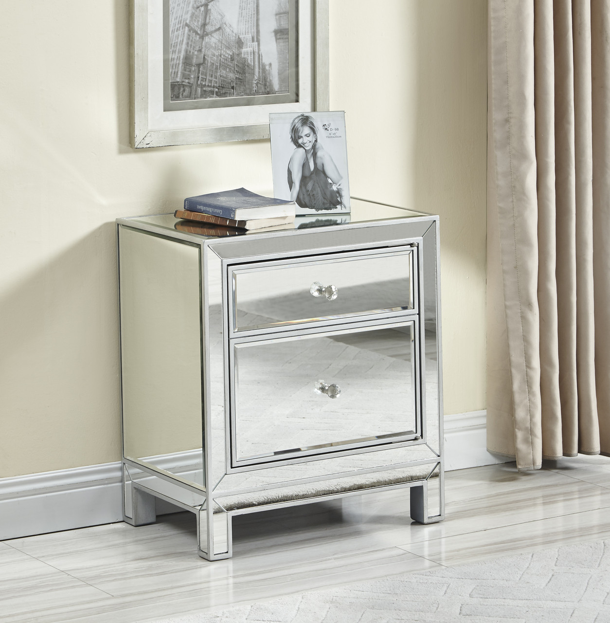 Elegant Decor MF72016  Nightstand 1 door 21in. W x 14in. D x 24in. H in antique silver paint