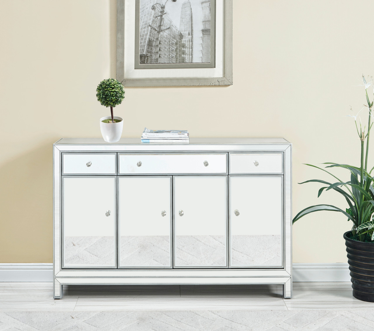 ELEGANT DECOR MF72001 Buffet Cabinet 3 drawers 4 doors 56in. W x 13in. D x 36in. H in antique silver paint