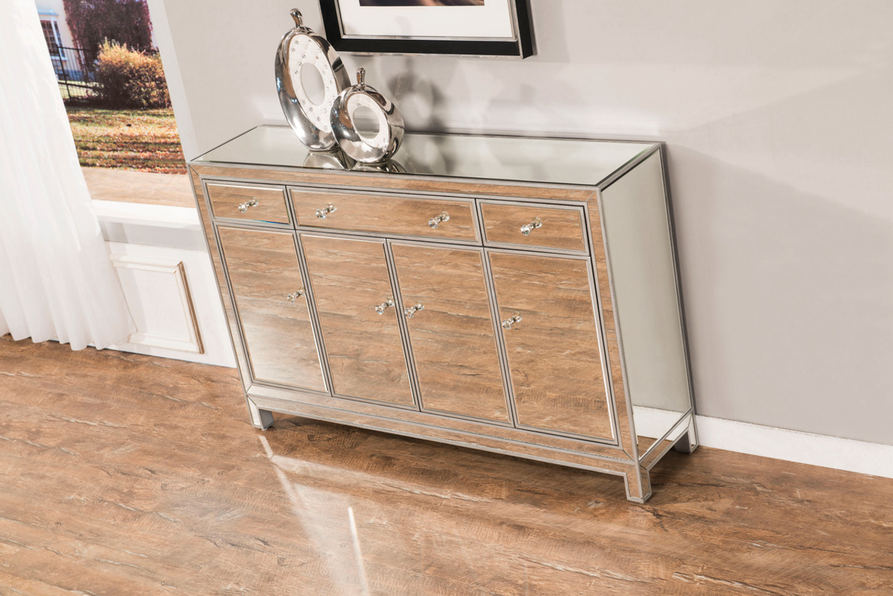 ELEGANT DECOR MF72001 Buffet Cabinet 3 drawers 4 doors 56in. W x 13in. D x 36in. H in antique silver paint