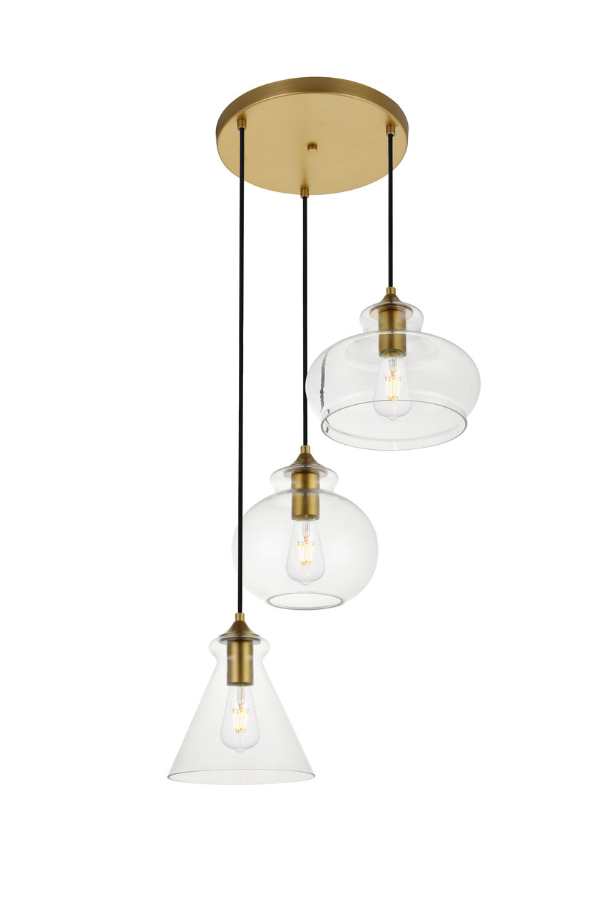 Living District LD2247BR Destry 3 Lights Brass Pendant With Clear Glass