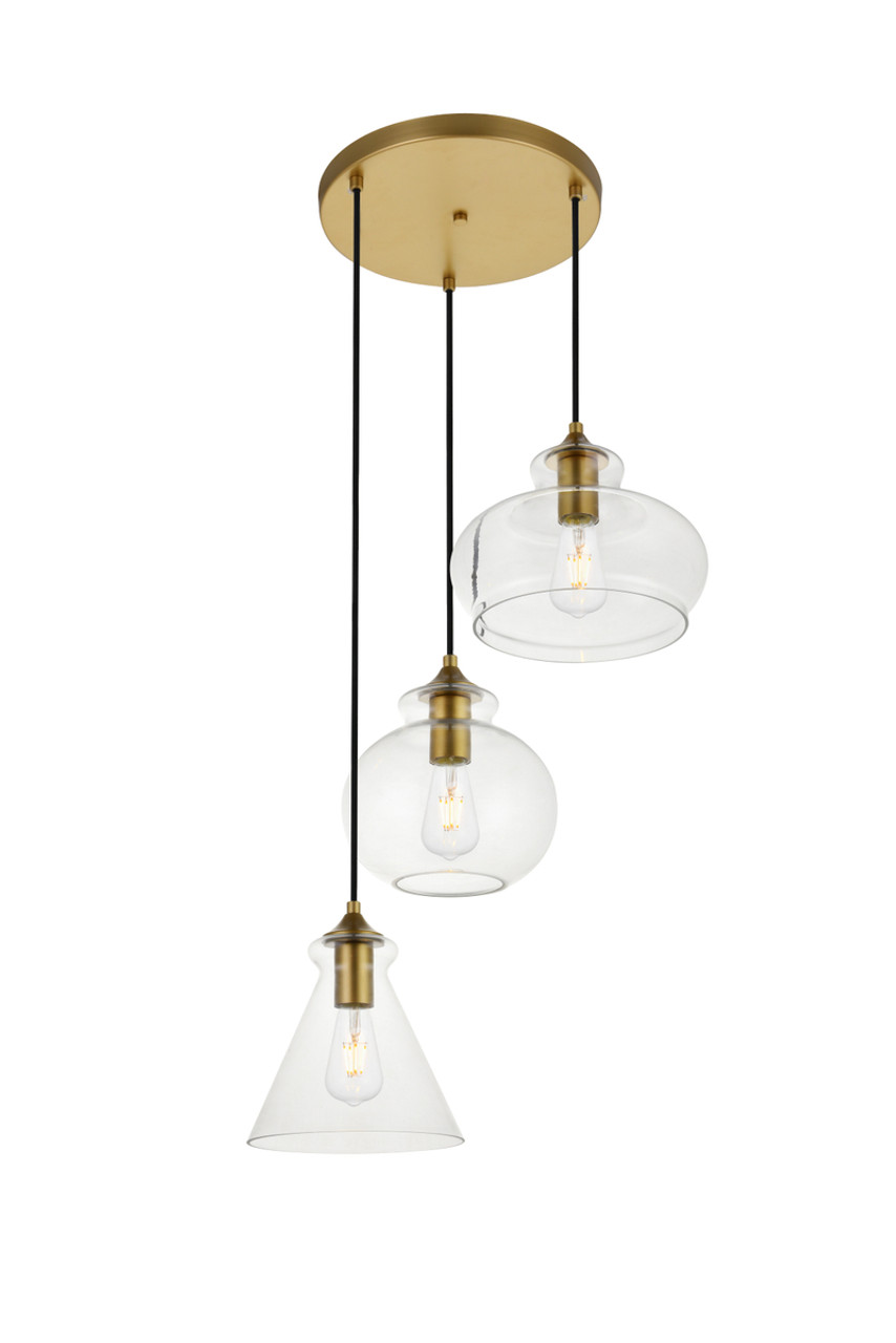 Living District LD2247BR Destry 3 Lights Brass Pendant With Clear Glass