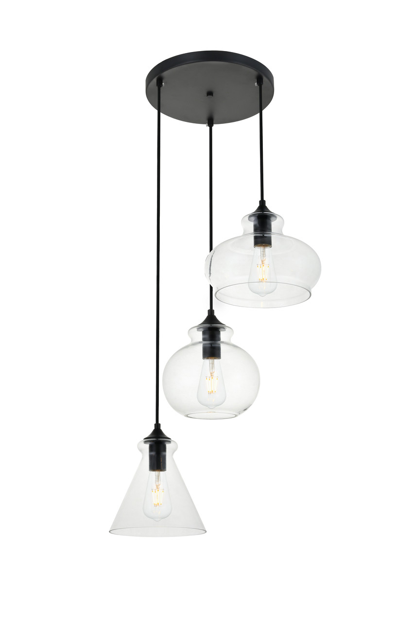 Living District LD2247BK Destry 3 Lights Black Pendant With Clear Glass
