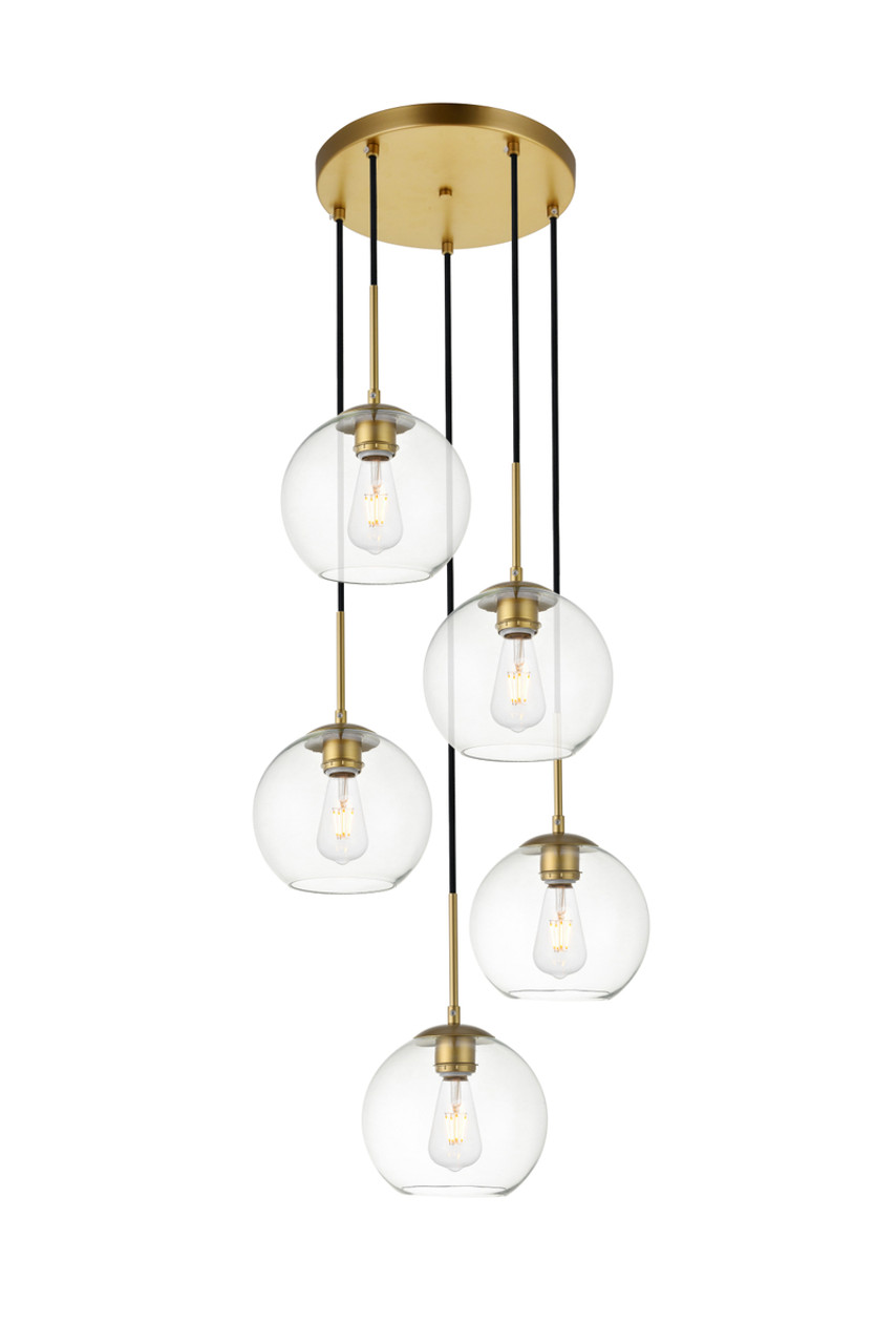 Living District LD2226BR Baxter 5 Lights Brass Pendant With Clear Glass