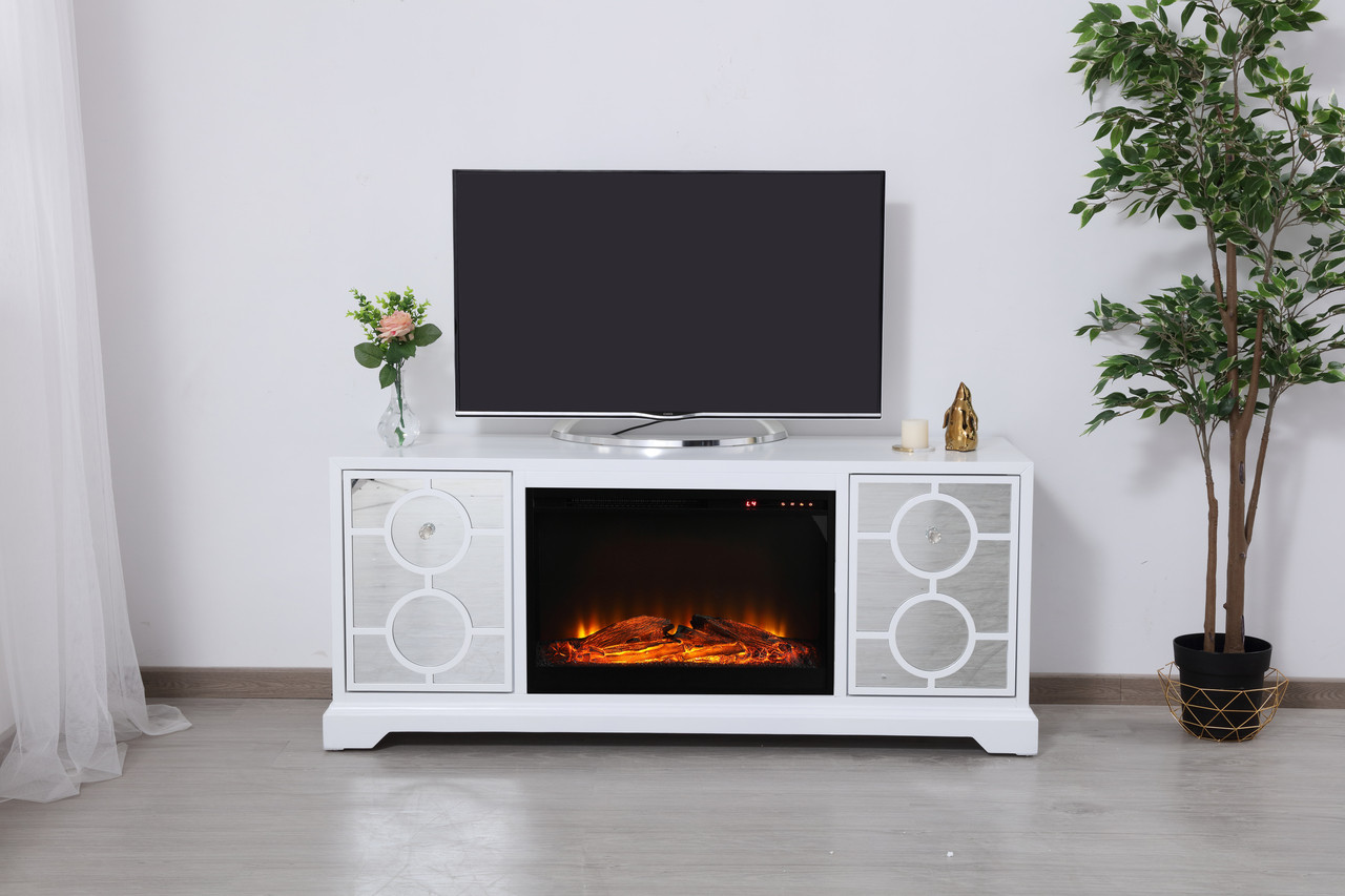 Elegant Decor MF801WH-F1 60 in. mirrored TV stand with wood fireplace insert in white