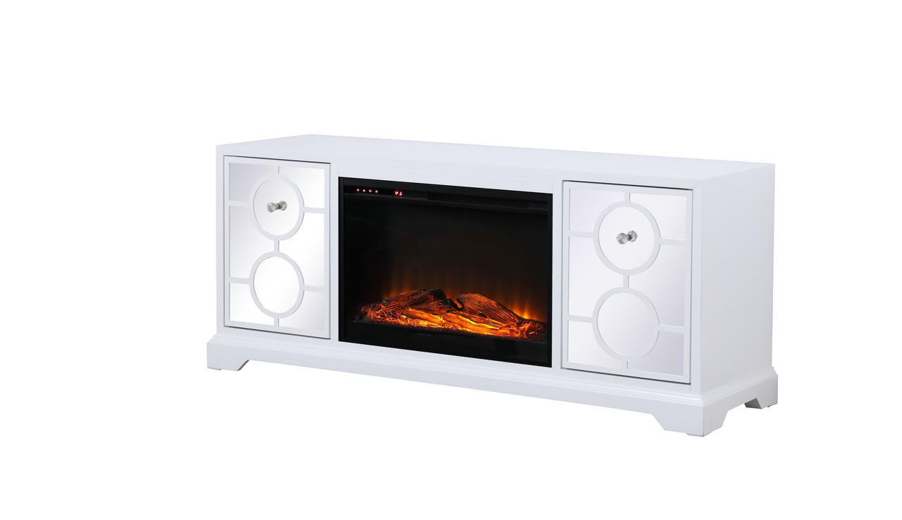 Elegant Decor MF801WH-F1 60 in. mirrored TV stand with wood fireplace insert in white