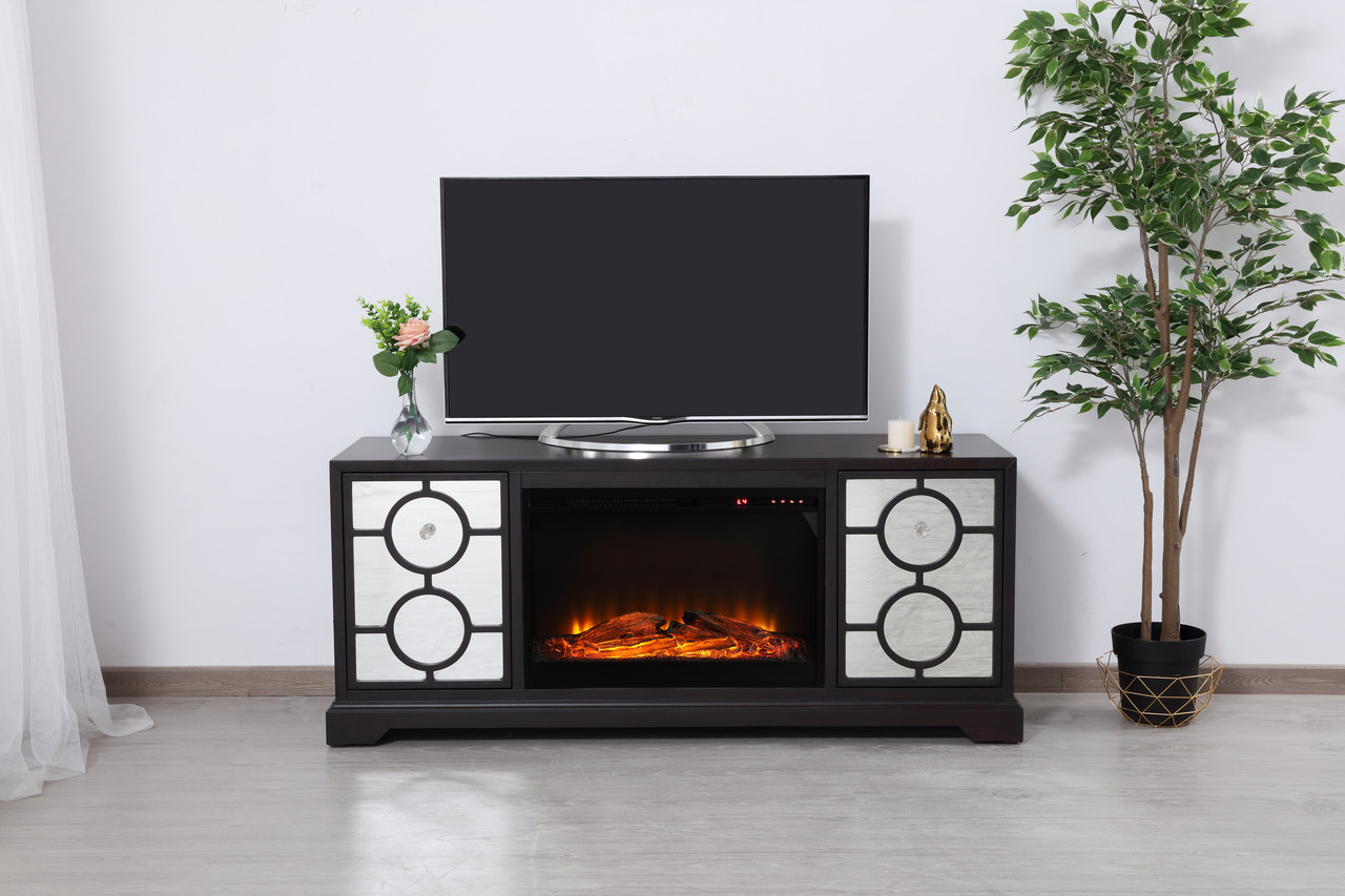 Elegant Decor MF802DT-F1 60 in. mirrored TV stand with wood fireplace insert in dark walnut