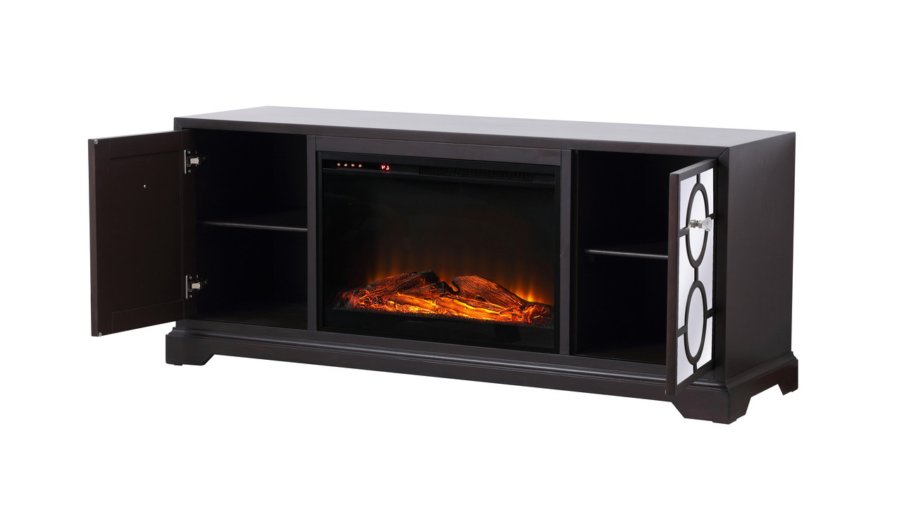 Elegant Decor MF802DT-F1 60 in. mirrored TV stand with wood fireplace insert in dark walnut