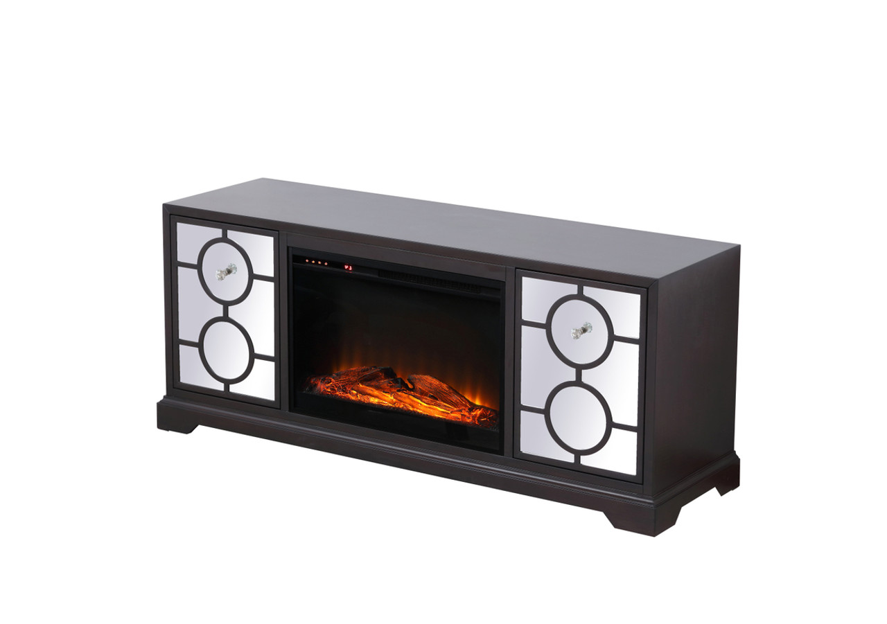 Elegant Decor MF802DT-F1 60 in. mirrored TV stand with wood fireplace insert in dark walnut