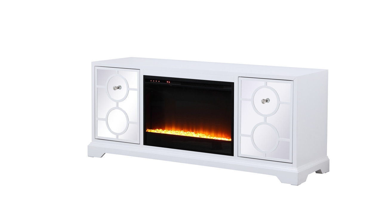 Elegant Decor MF801WH-F2 60 in. mirrored TV stand with crystal fireplace insert in white