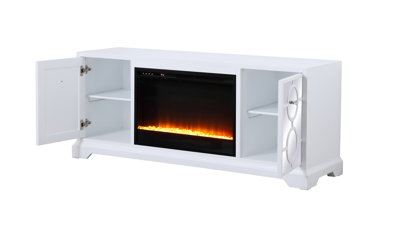 Elegant Decor MF801WH-F2 60 in. mirrored TV stand with crystal fireplace insert in white