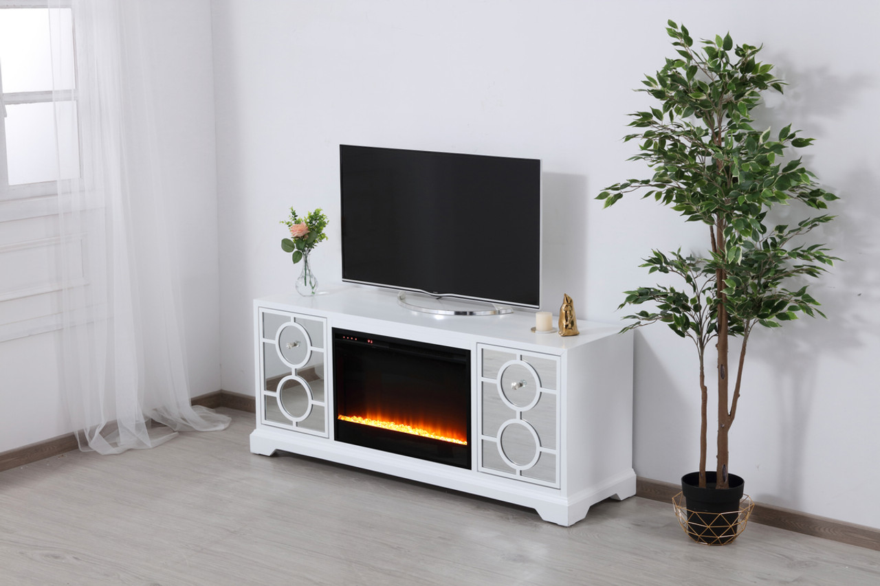 Elegant Decor MF801WH-F2 60 in. mirrored TV stand with crystal fireplace insert in white