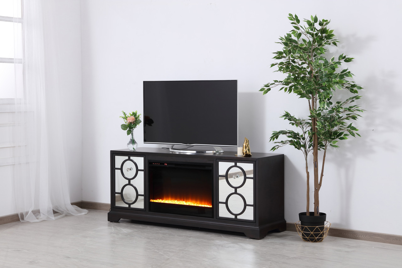 Elegant Decor MF802DT-F2 60 in. mirrored TV stand with crystal fireplace insert in dark walnut