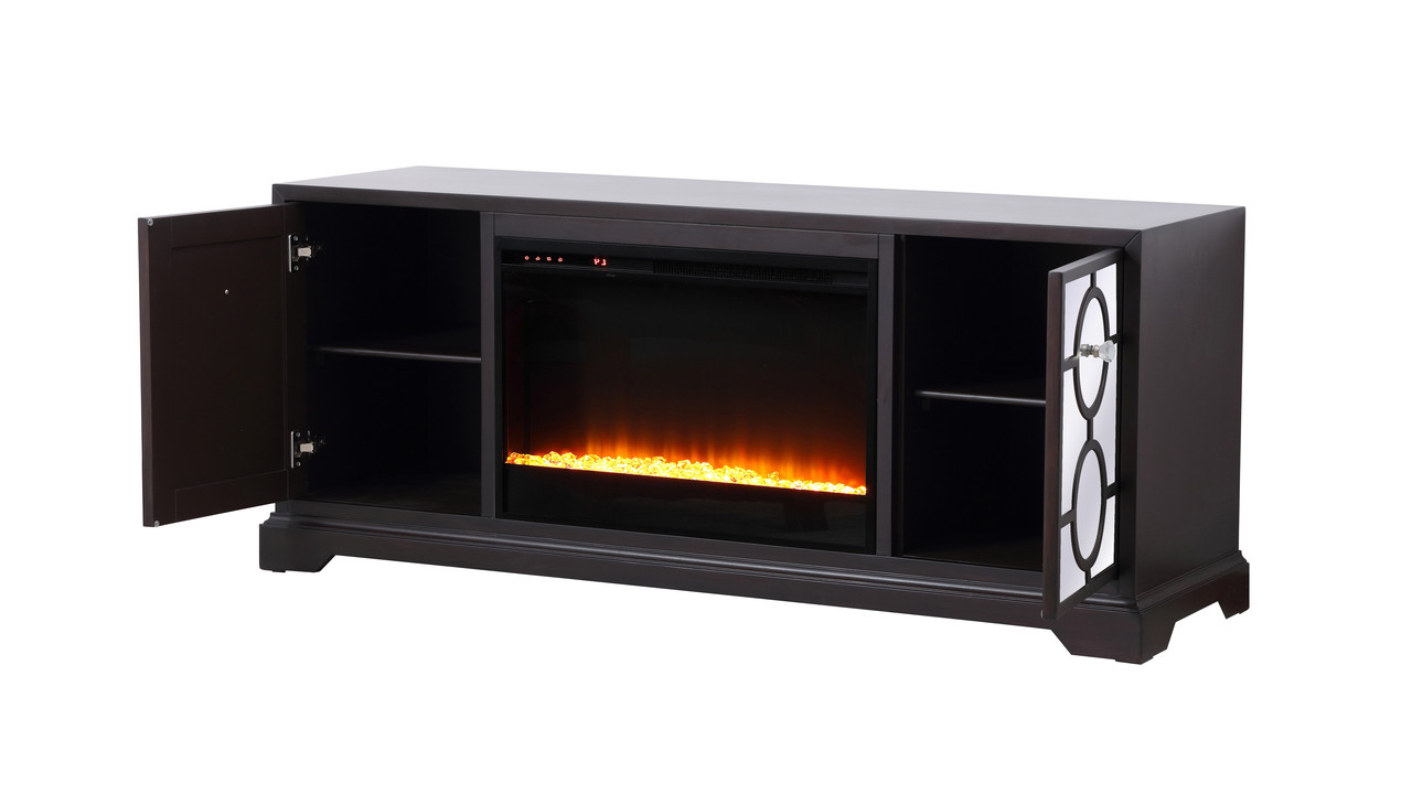 Elegant Decor MF802DT-F2 60 in. mirrored TV stand with crystal fireplace insert in dark walnut