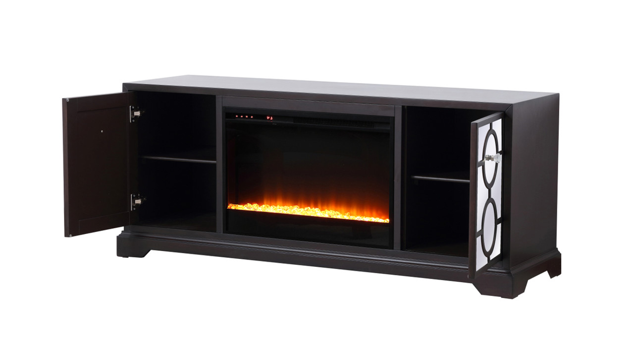 Elegant Decor MF802DT-F2 60 in. mirrored TV stand with crystal fireplace insert in dark walnut