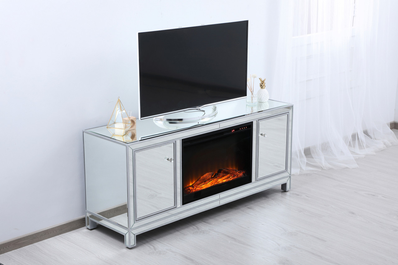 Elegant Decor MF701S-F1 60 in. mirrored TV stand with wood fireplace insert in antique silver