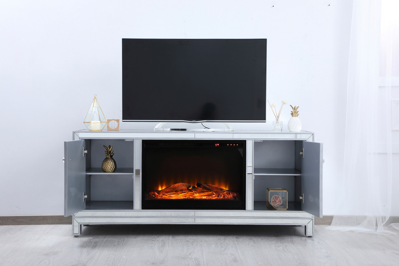 Elegant Decor MF701S-F1 60 in. mirrored TV stand with wood fireplace insert in antique silver
