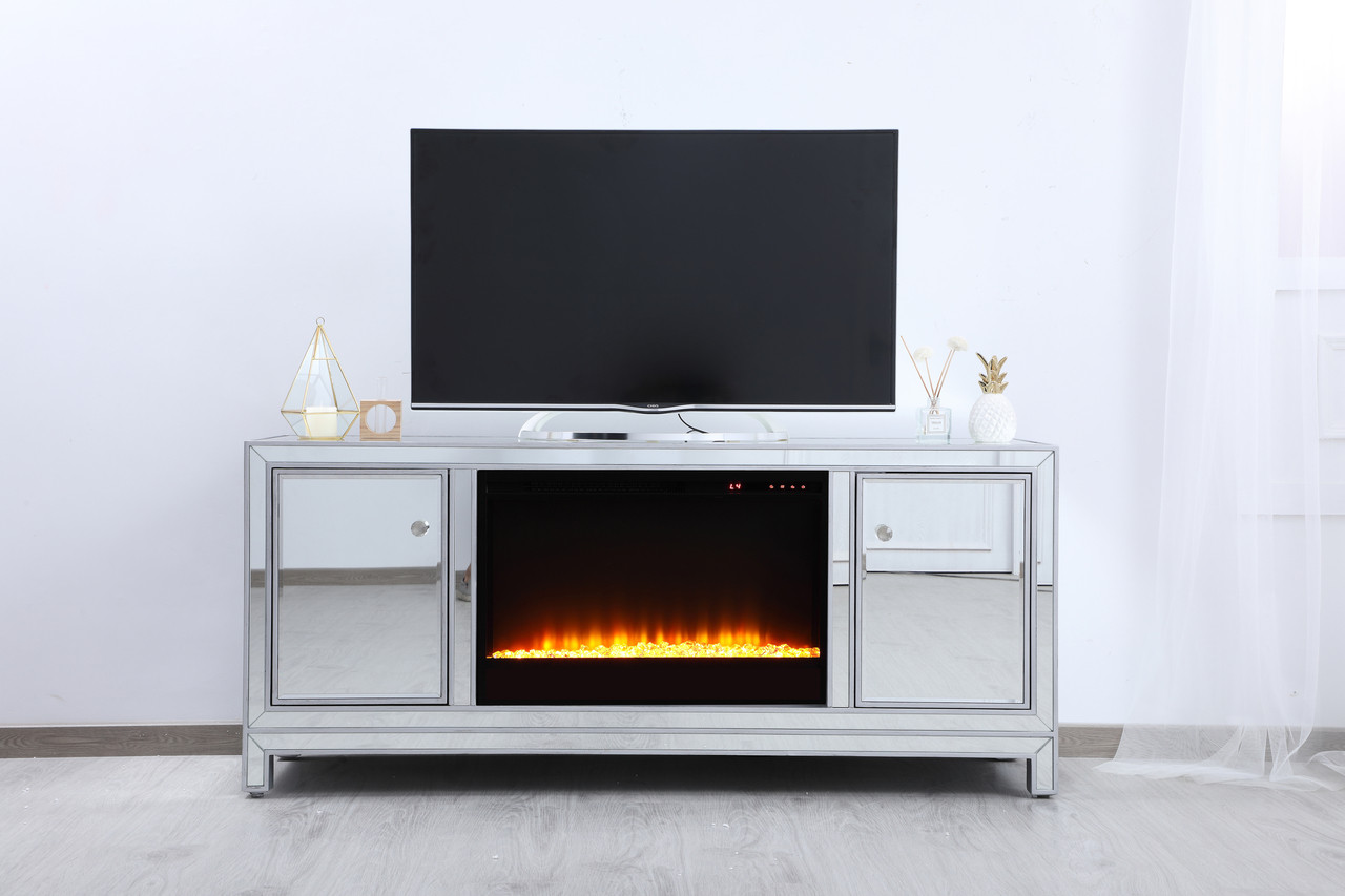 Elegant Decor MF701S-F2 60 in. mirrored TV stand with crystal fireplace insert in antique silver