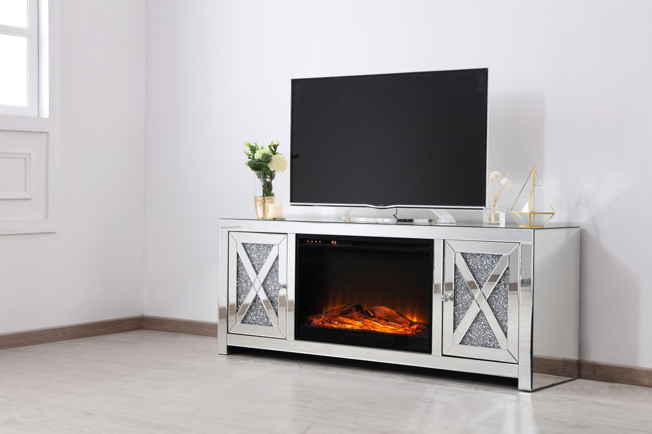 Elegant Decor MF9903-F1 59 in. crystal mirrored TV stand with wood log insert fireplace