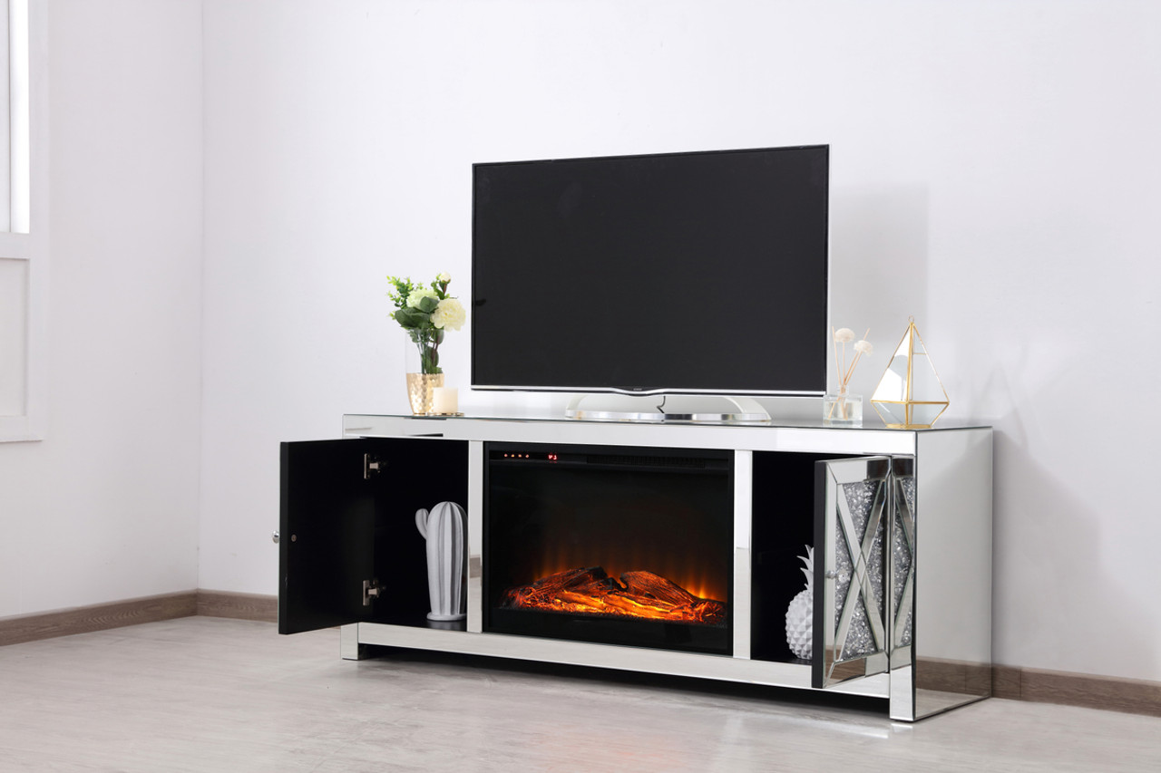 Elegant Decor MF9903-F1 59 in. crystal mirrored TV stand with wood log insert fireplace