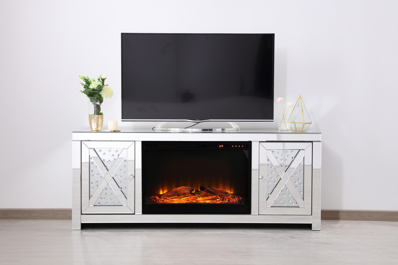 Elegant Decor MF9904-F1 59 in. crystal mirrored TV stand with wood log insert fireplace