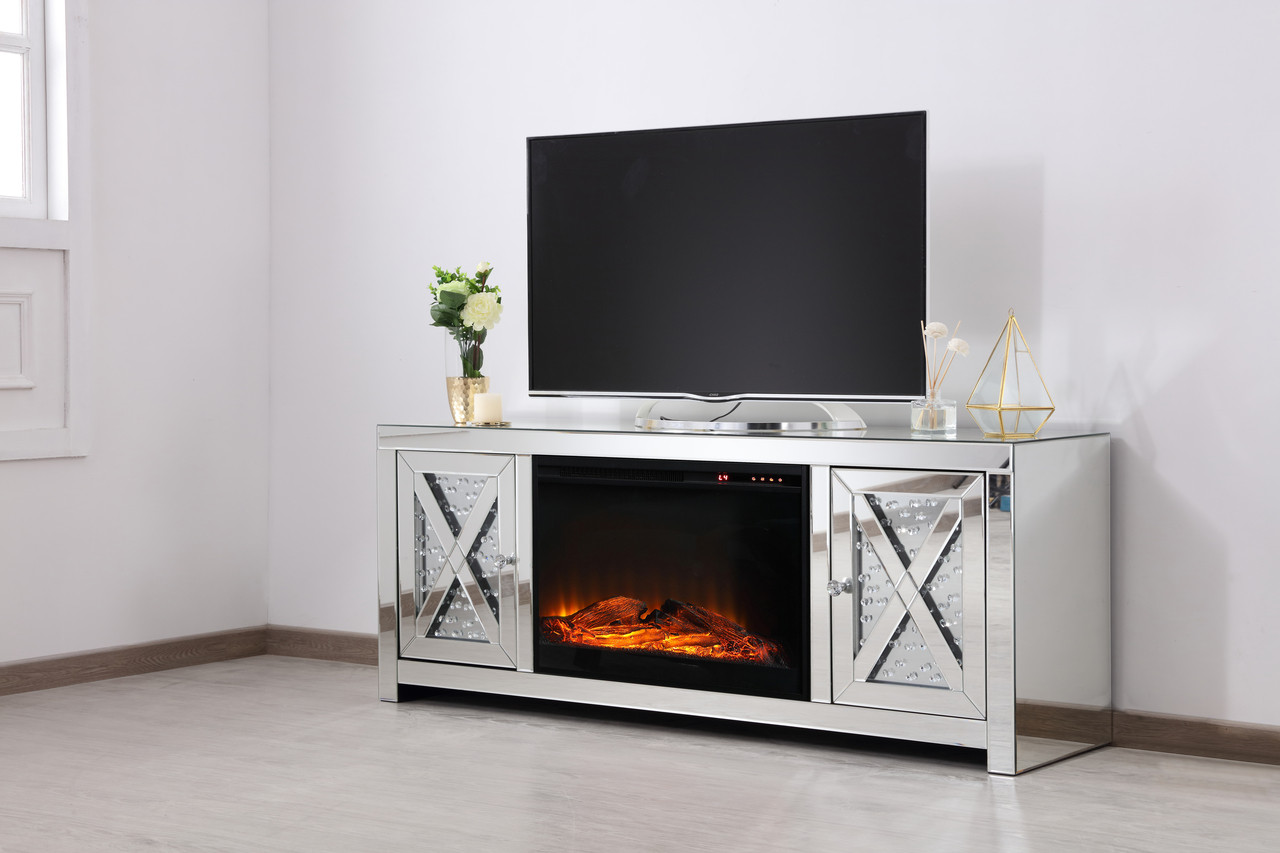 Elegant Decor MF9904-F1 59 in. crystal mirrored TV stand with wood log insert fireplace