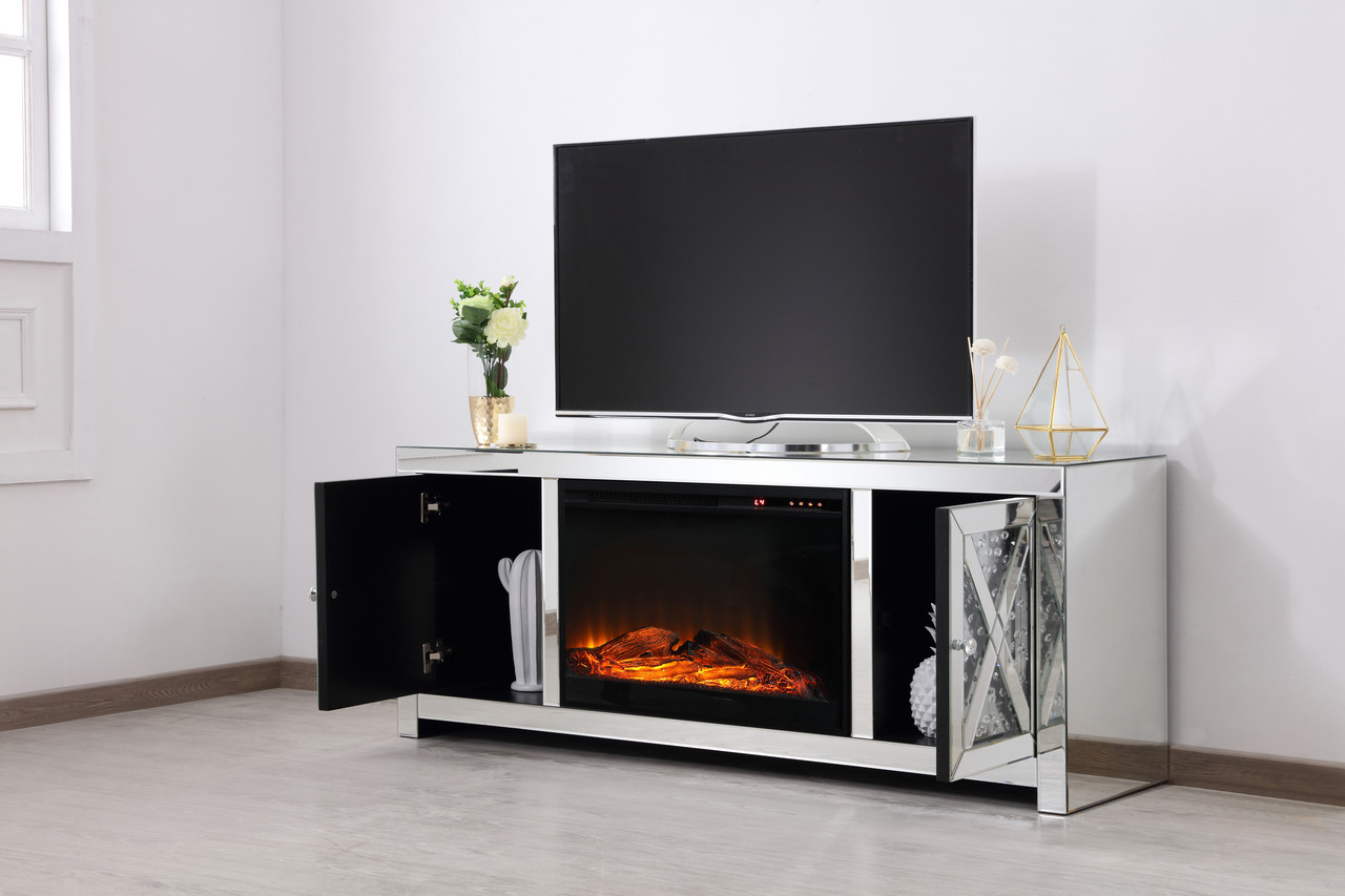 Elegant Decor MF9904-F1 59 in. crystal mirrored TV stand with wood log insert fireplace