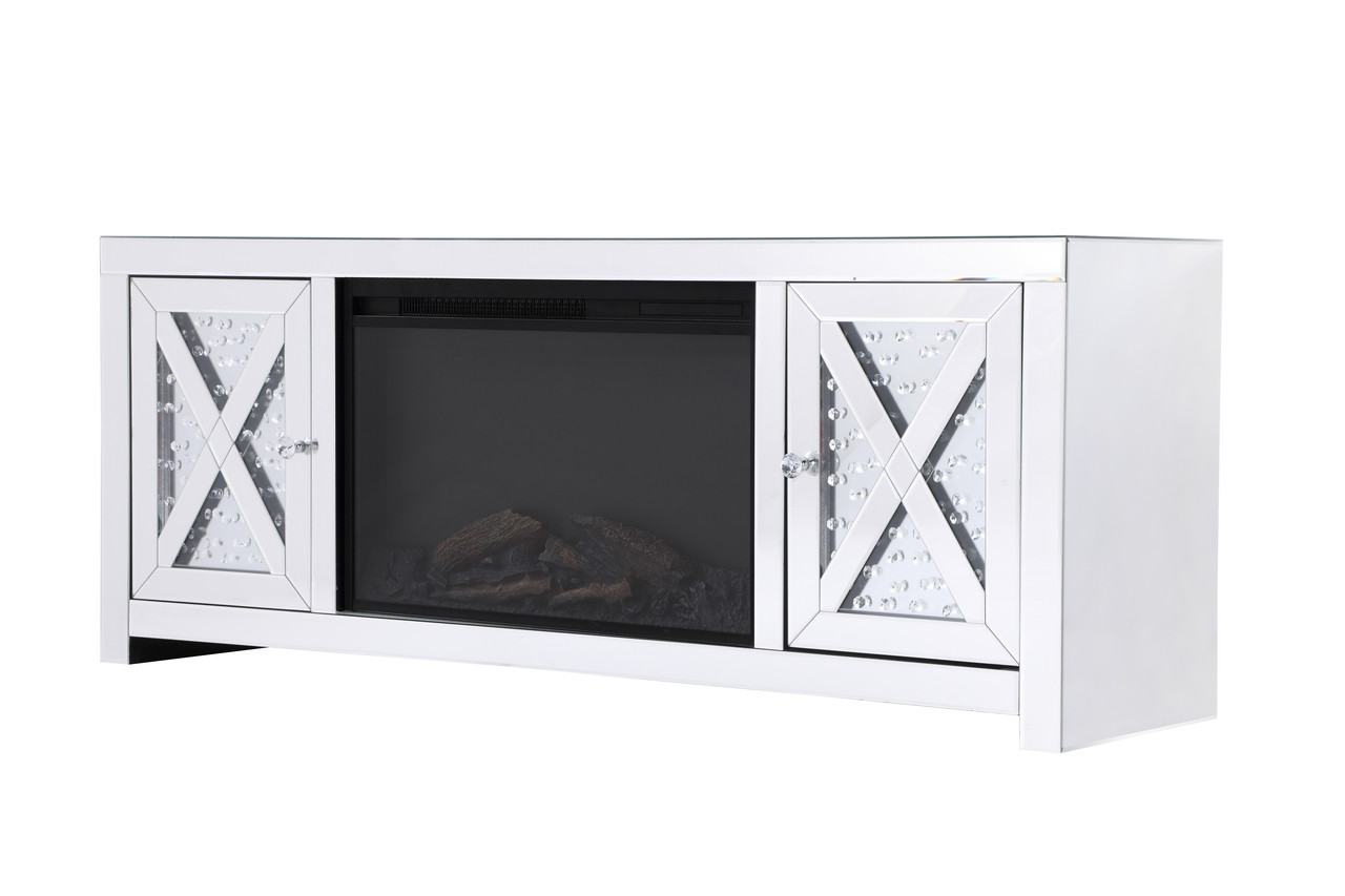 Elegant Decor MF9904-F1 59 in. crystal mirrored TV stand with wood log insert fireplace