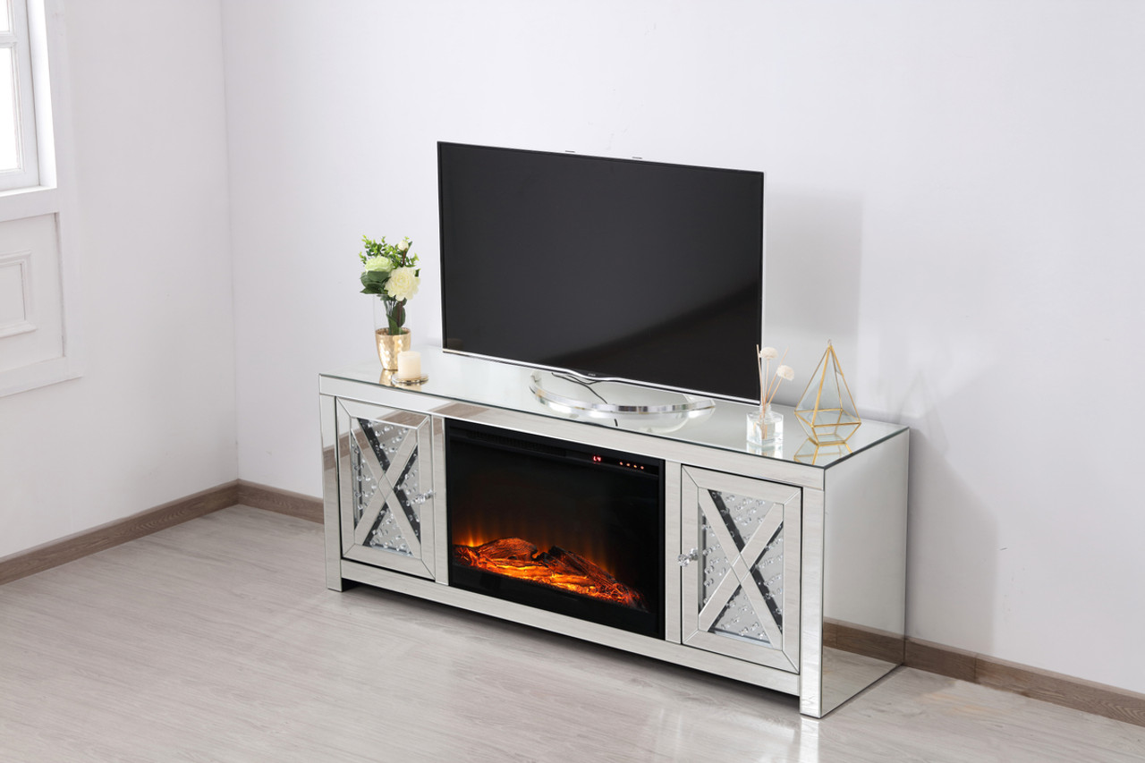 Elegant Decor MF9904-F1 59 in. crystal mirrored TV stand with wood log insert fireplace Elegant Decor MF9904-F1 59 in. crystal mirrored TV stand with wood log insert fireplace
