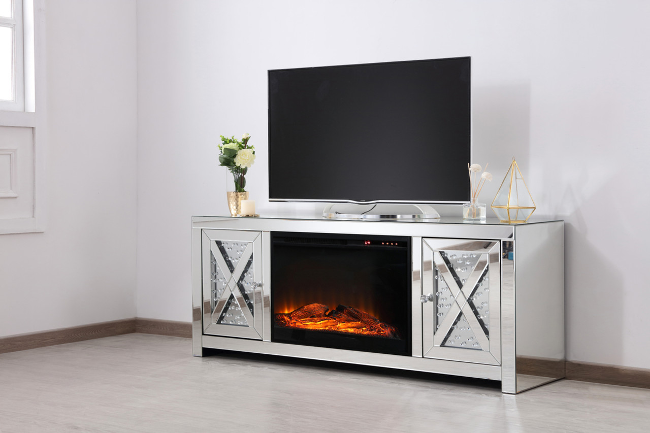 Elegant Decor MF9904-F1 59 in. crystal mirrored TV stand with wood log insert fireplace Elegant Decor MF9904-F1 59 in. crystal mirrored TV stand with wood log insert fireplace
